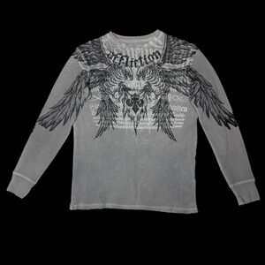 Affliction Winged Up Gray Thermal Long Sleeve Shirt Mens M Distressed Y2K 90s